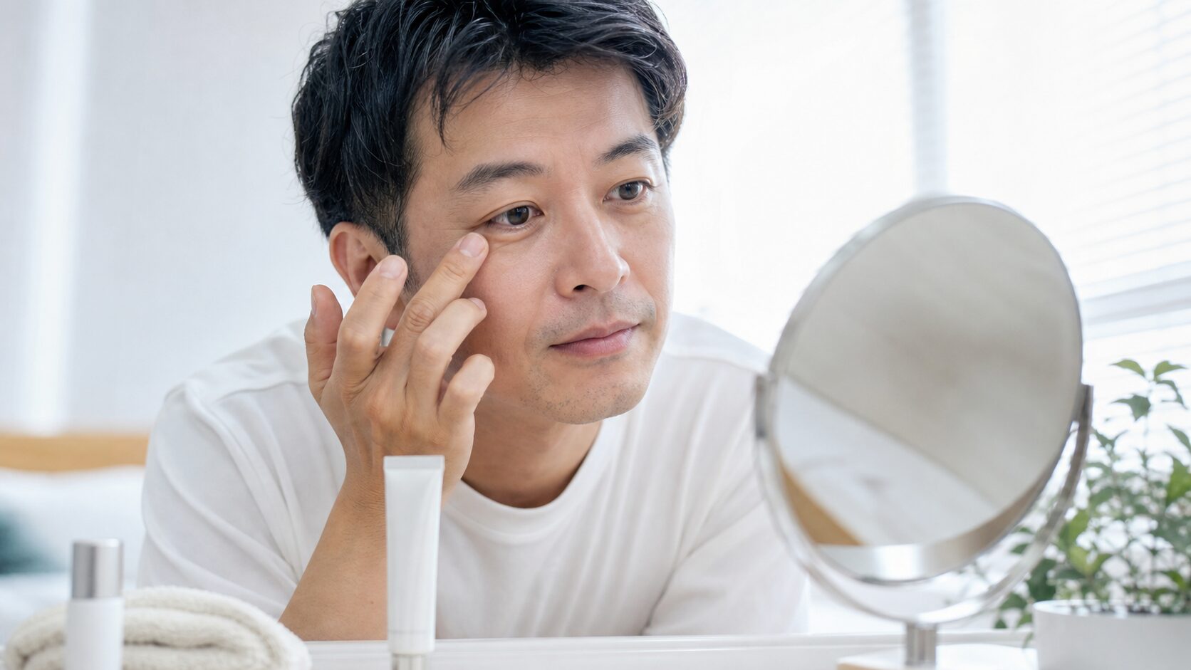 鏡の前で目元を確認する40代男性のイメージ